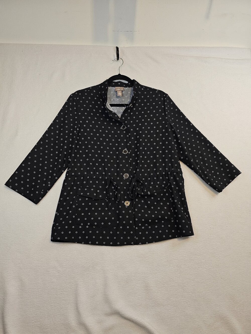 Chico's Black Dot-Print Draw-Tie Utility Jacket Chico's Size 1  Us M/8